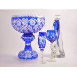 A pair of Joblonski modern blue and clear glass candlesticks, 33cm high,