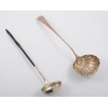 Two ladles, a toddy ladle inset with George II coin, a soup ladle with fluted bowl,