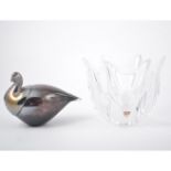 Jussis Glas, a Scandinavian lustred glass Riihimaki bird sculpture, applied label,