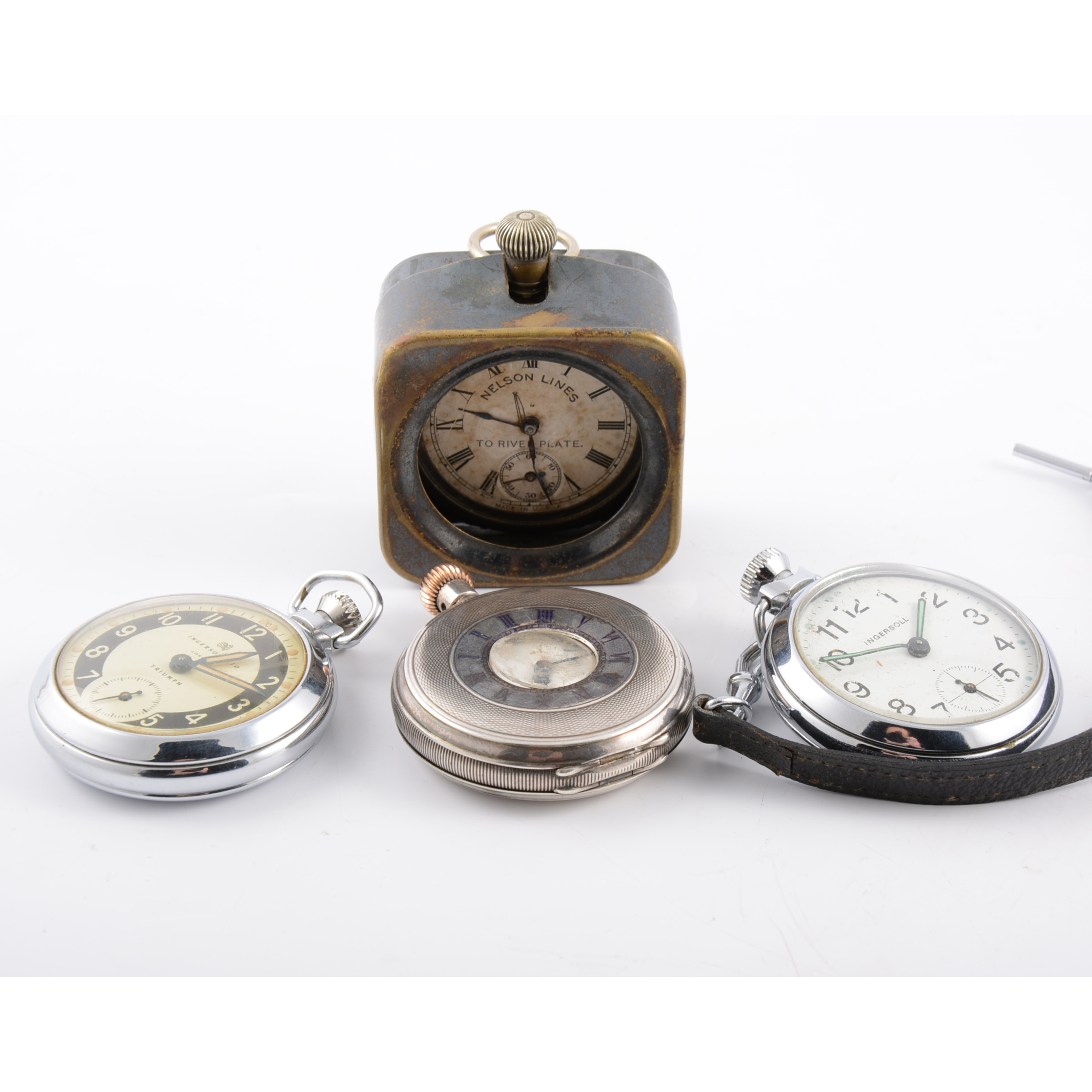 Four pocket watches, two Ingersoll chrome-plated top wind open faced pocket watches,