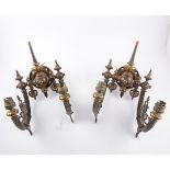 Pair Victorian gas wall sconces, twin branches, diamond registration mark,