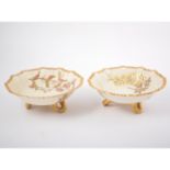 Pair of Worcester dishes, blush ivory ground, moulded circular form with gilt rims,