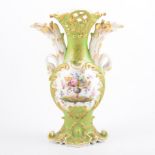 Jacob Petit porcelain vase, damaged, painted floral panel, green gilt outlines, 29cm.