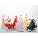 Five Royal Doulton " Pretty Ladies", including Spring, Summer, Winter, Winters Morn,