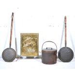 Copper haystack measure, 33cm; other copper and brass; lamps; covered pan.