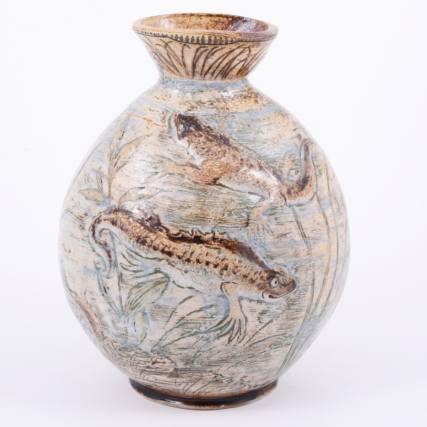 Martin Brothers, a stoneware vase, modelled in relief with grotesque toads and newts,