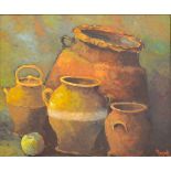 Gilbert Roques, Still life of earthenware jars, oil on canvas, 45cm x 54cm.