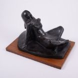 Wendy MacPherson, reclining female, patinated composition sculpture, hardwood base, monogrammed,