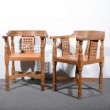 Robert 'Mouseman' Thompson of Kilburn, pair of oak lattice backed armchairs, circa 1975,