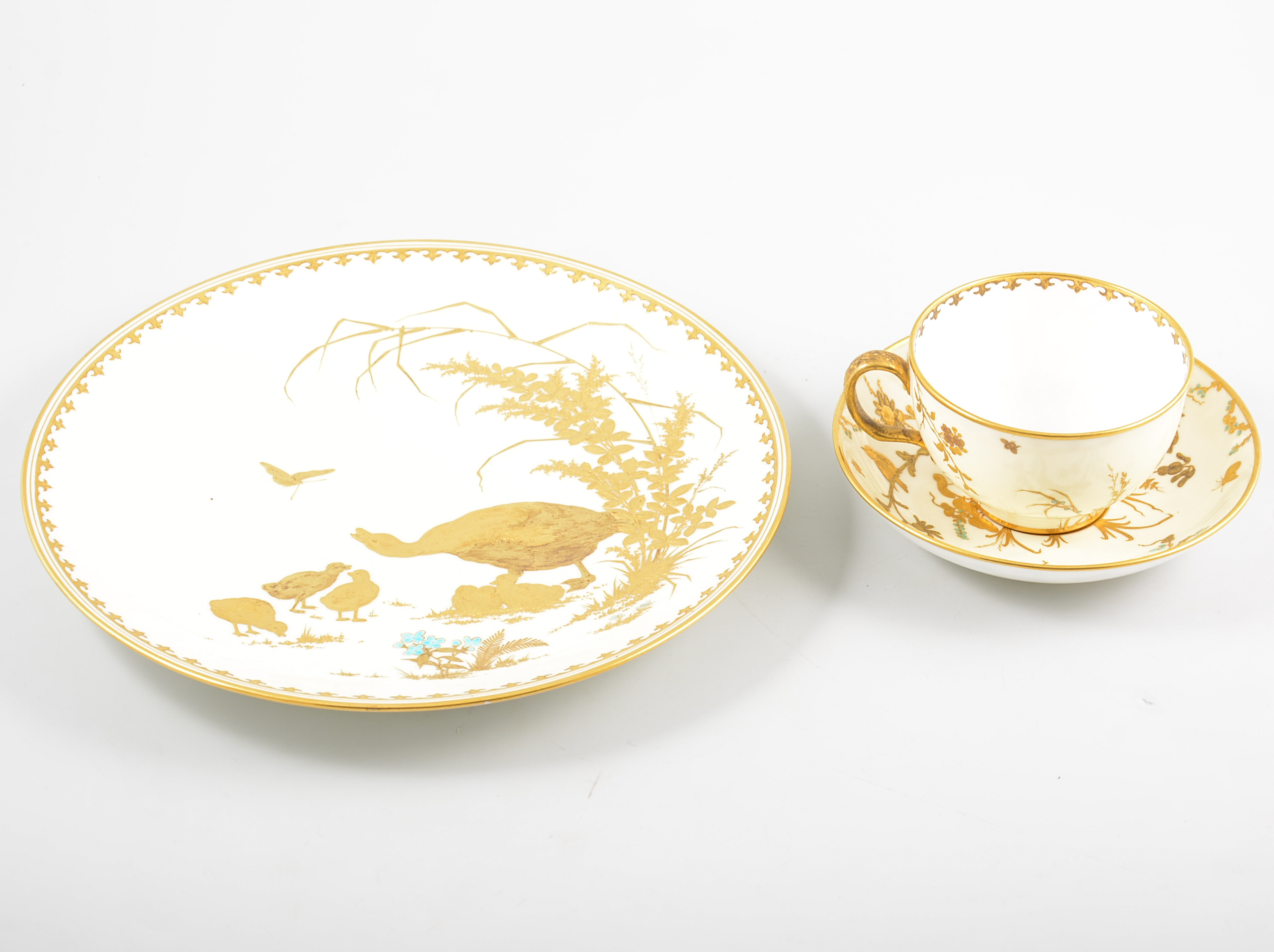 Minton, a cabinet plate, in the Aesthetic style, raised paste gilt with ducks, 24.