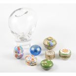 Dartington crystal vase, 19cm, porcelain boxes, and other small ornaments.