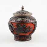 Chinese carved lacquer and metal baluster vase, with lid, 14cm.