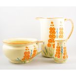 English Myott Art Deco period washset, comprising jug, bowl, toothbrush holder, and a soap dish,