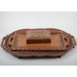 An Indian carved hardwood tray, 62cm, another smaller, a box and a table runner, (4).