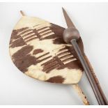 Tribal shield, Southern African, skin covered, with related photograph; spear and a hardwood club.