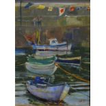 Michael Stone, 'Mousehole. Boats & Bunting.' frame: 19 x 24cms. Marked 5/05.
