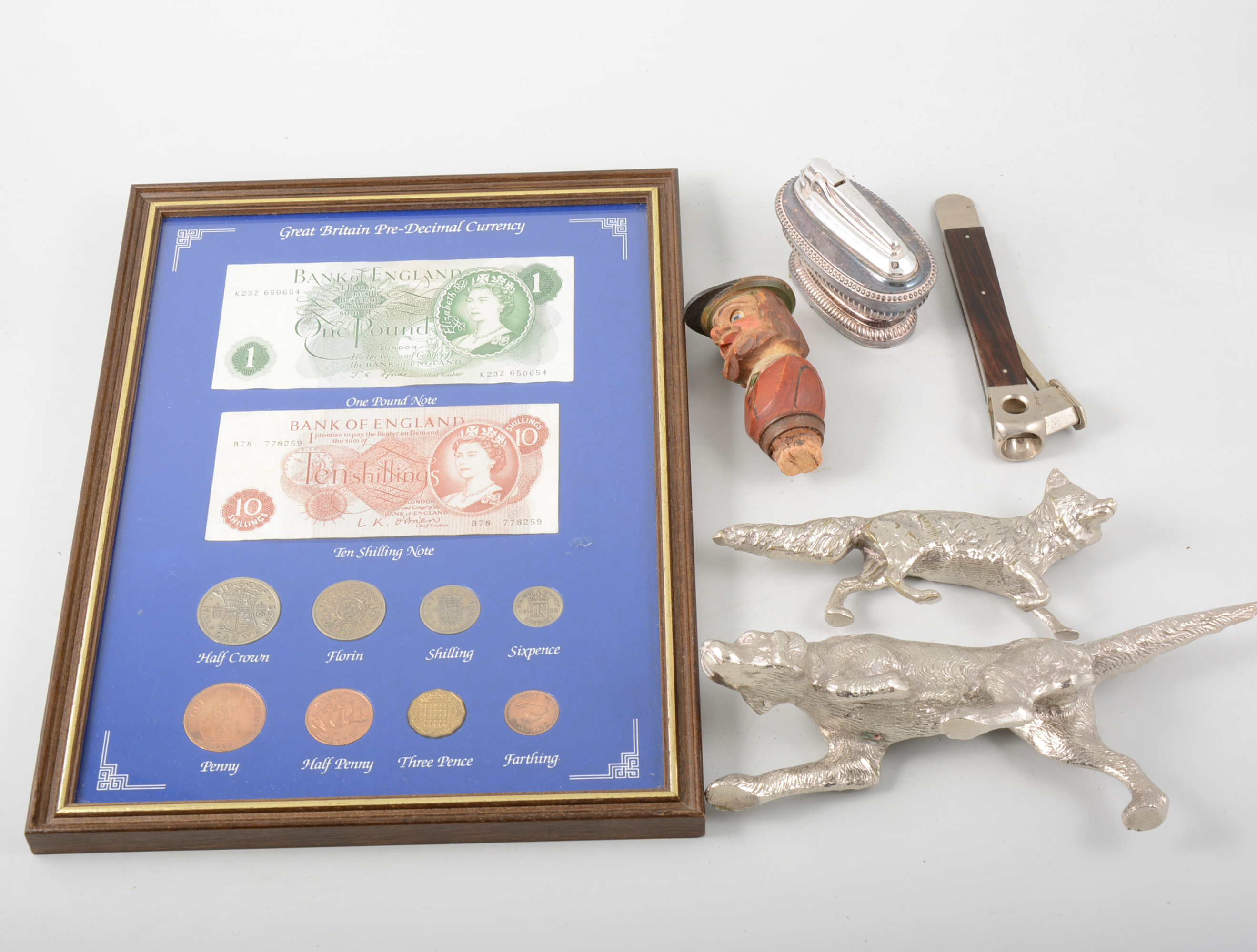 Arrangement of Great Britain pre-decimal currency; collection of bottle openers; corkscrews;