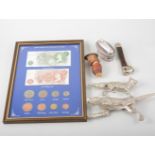 Arrangement of Great Britain pre-decimal currency; collection of bottle openers; corkscrews;