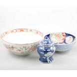 Two Imari pattern bowls, pair of chinese jars and a Satsuma vase, (5).