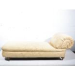 Chaise longue, scrolled end, rectangular seat, bun feet, on castors, floral cotton brocade,