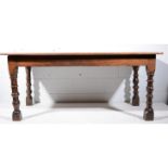 Joined oak dining table, rectangular top with rounded corners, turned and ringed legs, length 173cm,