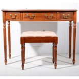 Reproduction yew wood bowfront dressing table, with triptych mirrors over, matching stool,