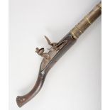 Antique Indian flintlock musket, silver damascened barrel, 86cm, full stock with brass bands,