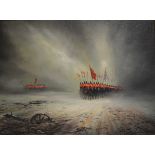 Andrew Stubbs, Cavalry on a battlefield, signed, oil on board, 46cm x 61cm.