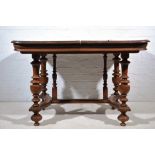 19th Century French oak extending dining table, rectangular top with rounded corners, plain frieze,