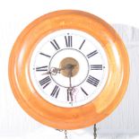 Beechwood cased postman's alarm clock, pink chapter ring, diameter 28cm.