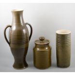 Pair of Studio Stoneware two-handled vases, stamped GH; other Studio wares,