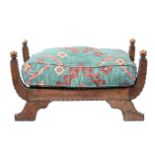 Beech framed stool, close studded leather covered, loose cushion, width 74cm, depth 48cm,