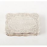 A Victorian silver snuff box, rectangular scroll engraved design 67mm x 44mm x 15mm, shaped border,