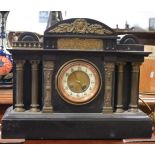 Large Victorian black slate and gilt metal mantel clock, architectural case,
