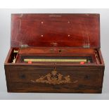Swiss music box, No.1077, damaged rosewood inlaid case, 33.5cm cylinder.