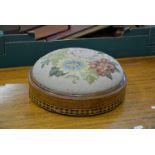 Victorian circular footstool, gros point needlework upholstery, walnut and Tunbridge frame,