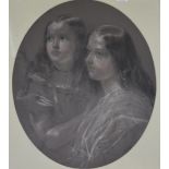 Follower of George Richmond, Portrait of two girls, pastel drawing, oval, 60x49cm.