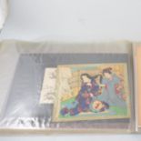 A folder containing a collection of Japanese woodcuts and prints, some hand coloured,