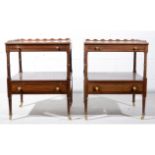 Pair of reproduction mahogany side tables, each with three quarter wavy gallery back, slides,