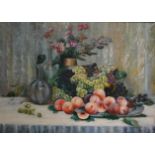 Hendel, Contemporary, Still life of fruit and flowers on a table, oil on canvas, 60cm x 75cm.