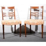 Pair of Regency style mahogany dining chairs, Trellis pattern horizontal rail, patterned upholstery,