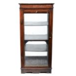 Display cabinet, metal top, glazed sides enclosing shelves, bracket feet, 49cm square, height 103cm.