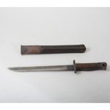 A 1907 Wilkinson bayonet, cut down to a 25cm long field knife with adapted leather and steel sheath,