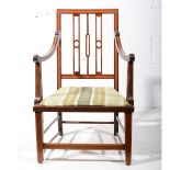 Edwardian mahogany and satinwood salon elbow chair, 52cm.