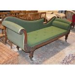 William IV rosewood framed chaise longue, scrolled back and ends, carved with acanthus leaf design,