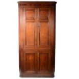 Georgian oak freestanding corner cupboard, moulded cornice with mahogany cross banding, width 116cm,