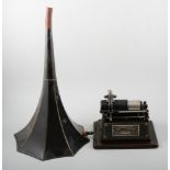 Edison Gem Phonograph, oak cased, black tin horn, and collection of cylinders.