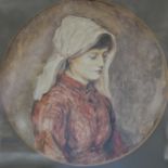 English School, Study of a girl, half length, watercolour, circular, diameter 24cm.