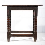 Joined oak table, rectangular cleated top, bobbin turned legs, joined by rails, width 76cm,