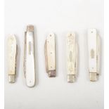 Five Victorian mother-of-pearl fruit knives, all with hallmarked silver blades,